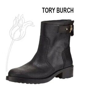 Tory Burch 'Selena' Black Distressed Leather Ankle Biker Boot
